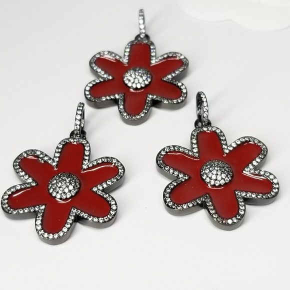 NWT Red Enamel Flower Pendant Charm Pave CZ - Picture 8 of 8
